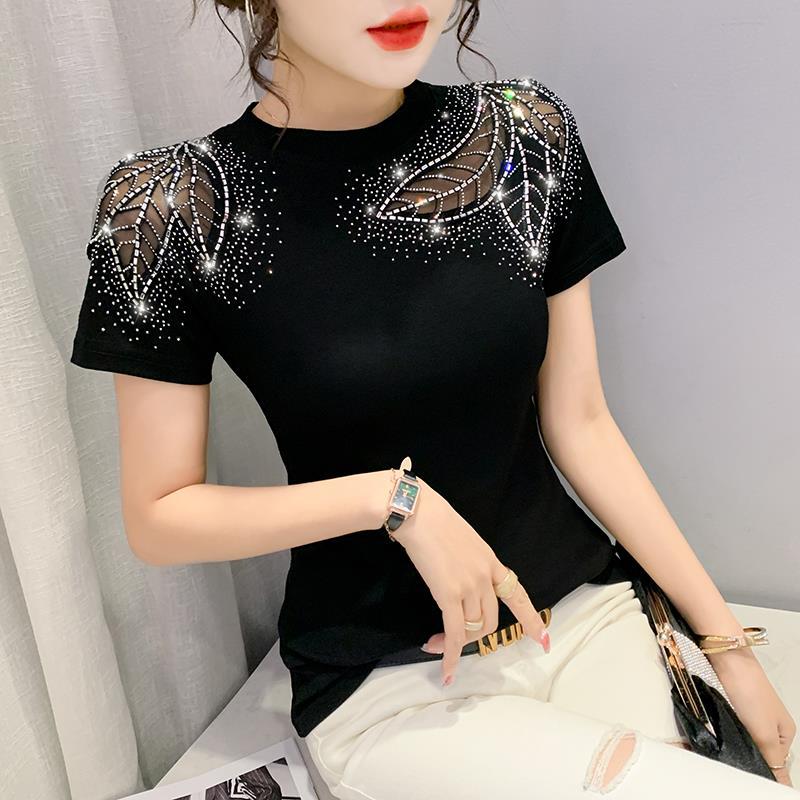Women's Neck Fashion Hollow Lace Hot Drilling Slim Fit Women's T-shirt