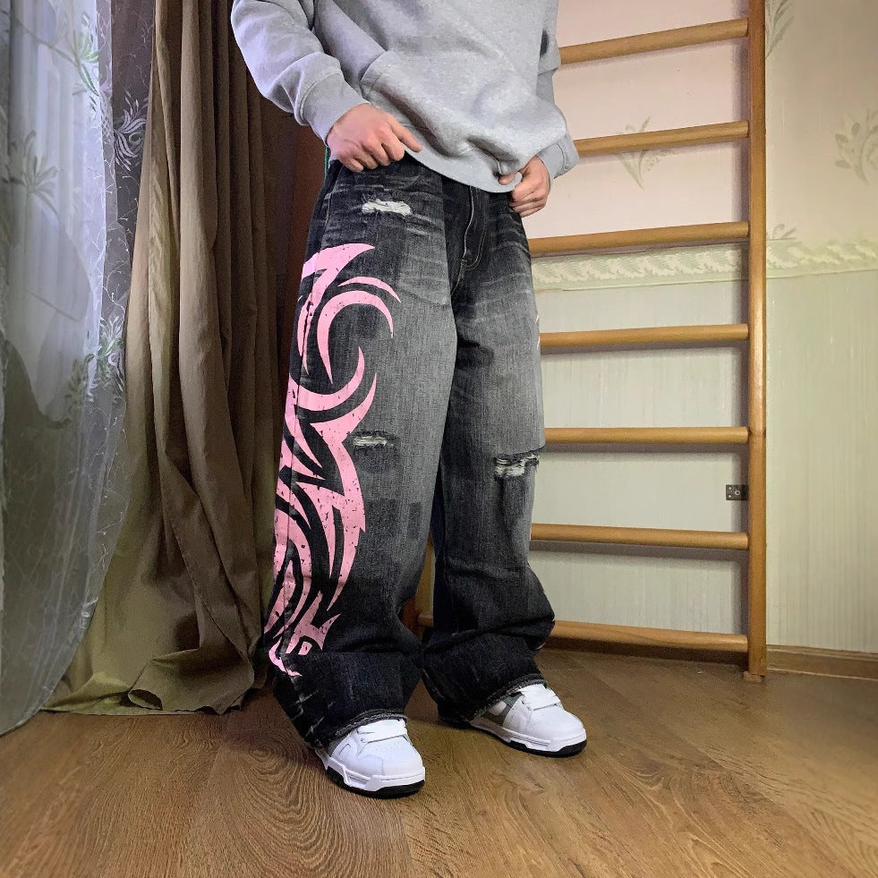 Women's & Men's American Printed High Street Design Sense Mop Women's Jeans