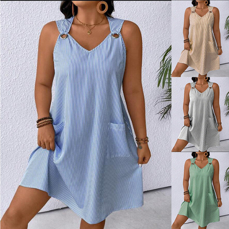 Creative Round Neck Pocket Striped Overall Skirts