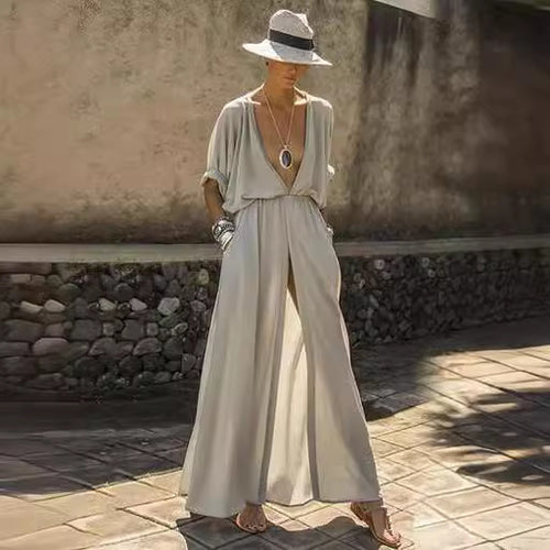 Deep V Sexy Elastic Waisted Half Sleeve Split Dress