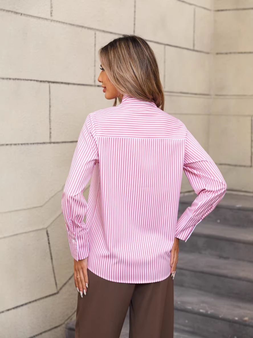 Women's Striped Loose Casual Collared Long-sleeved Shirt Blouse