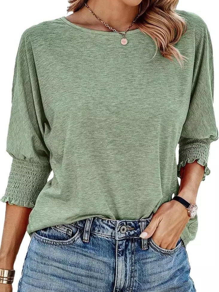 Women's Summer Stylish Loose Round Neck Cuff Smocking Long Women's T-shirt