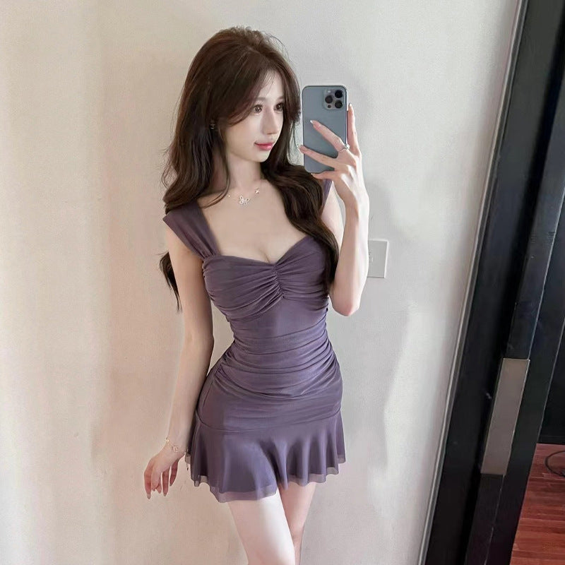 Women's Sexy Mesh Base Flounce Peplum Slip Dress