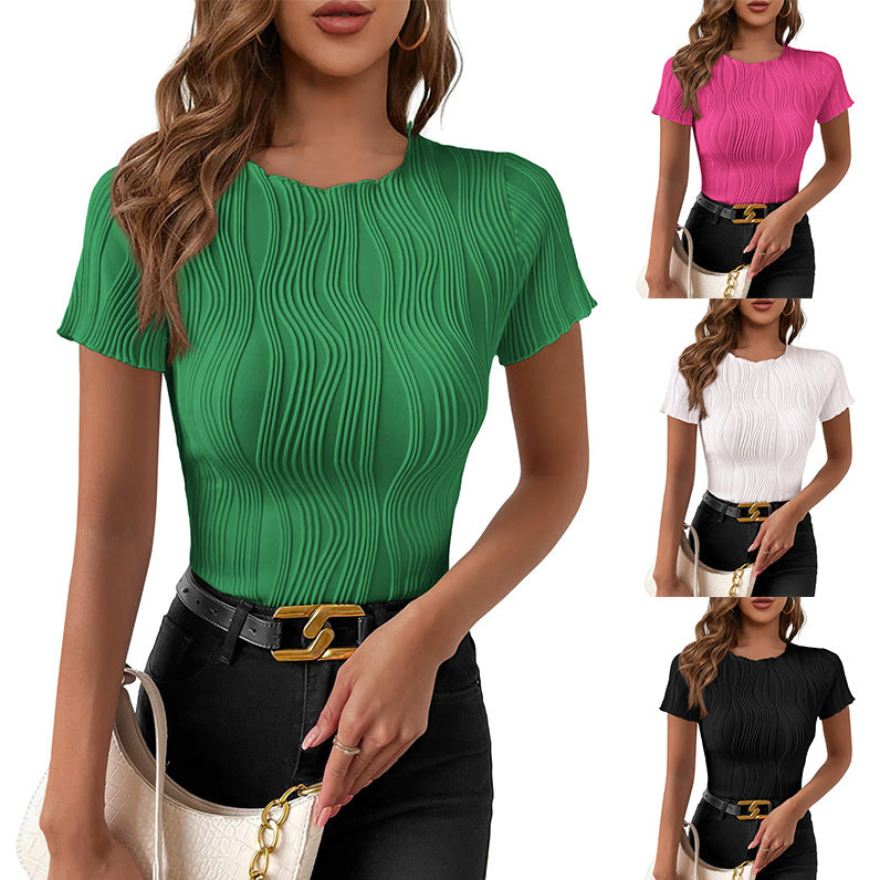 Summer Solid Color Round Neck Slim Women's T-shirt