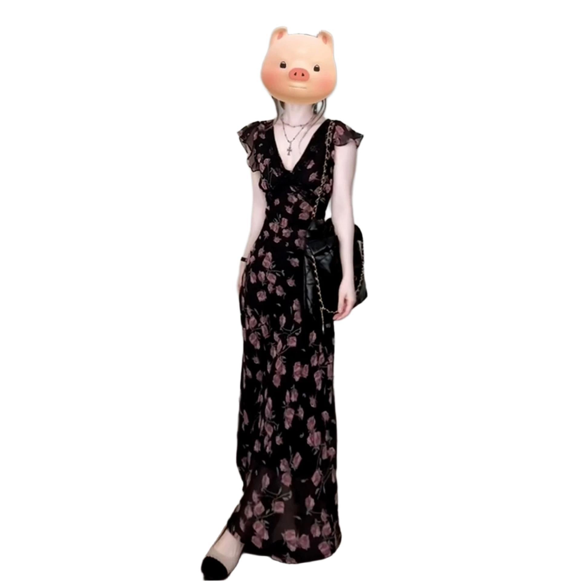 Women's Style Flying Sleeve Black Shivering Summer Korean Elegant Dress