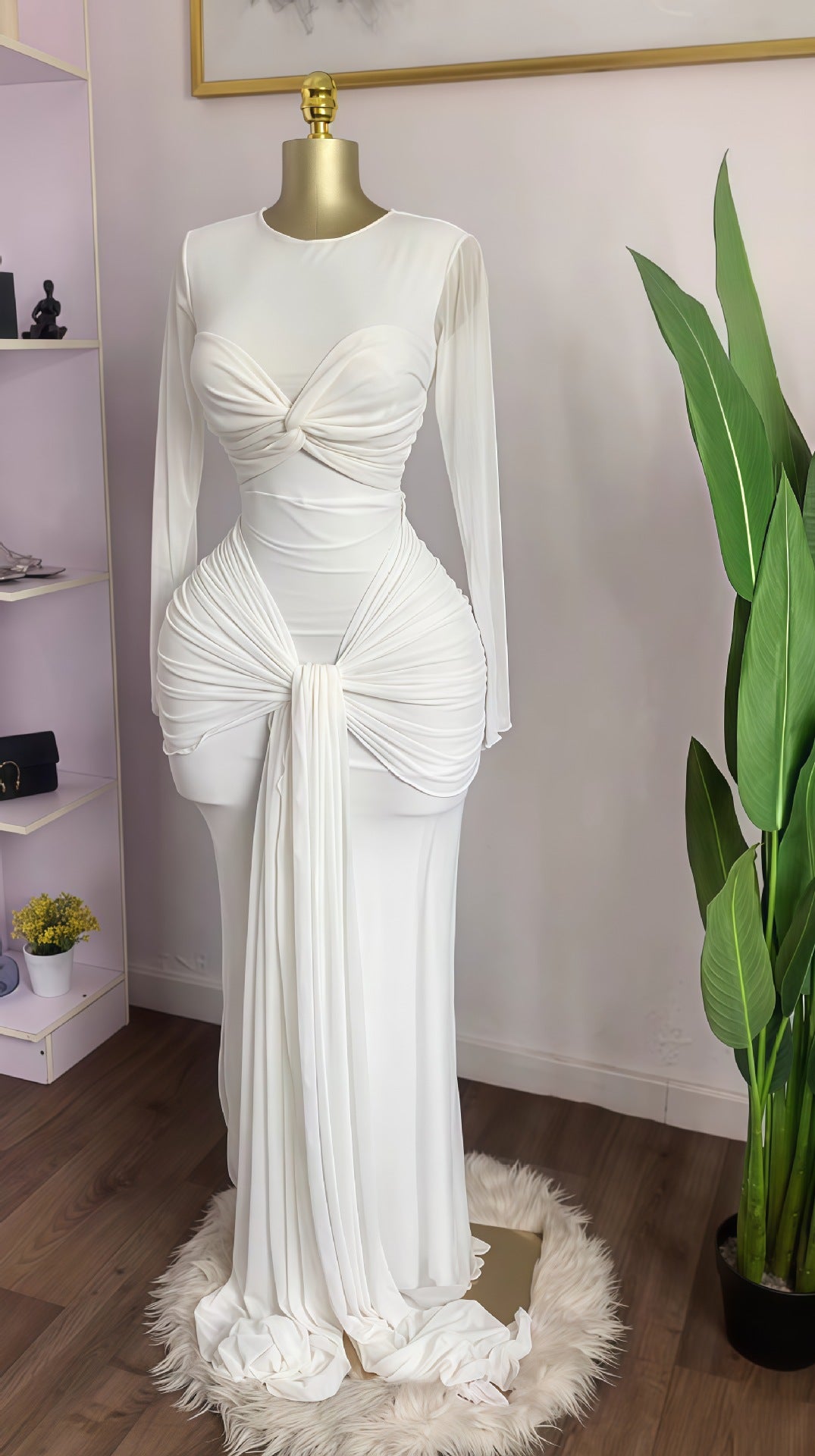 Women's Spring Solid Color Long Sleeve Round Dress