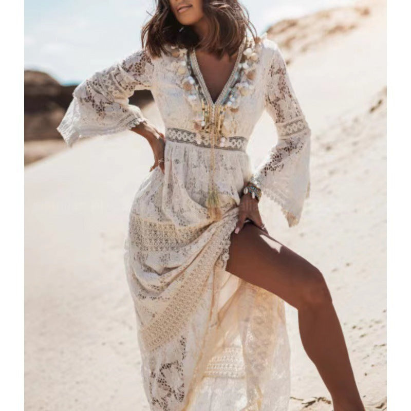 Women's Vintage Tassel Lace Stitching Casual Bohemian Style Vacation Dress