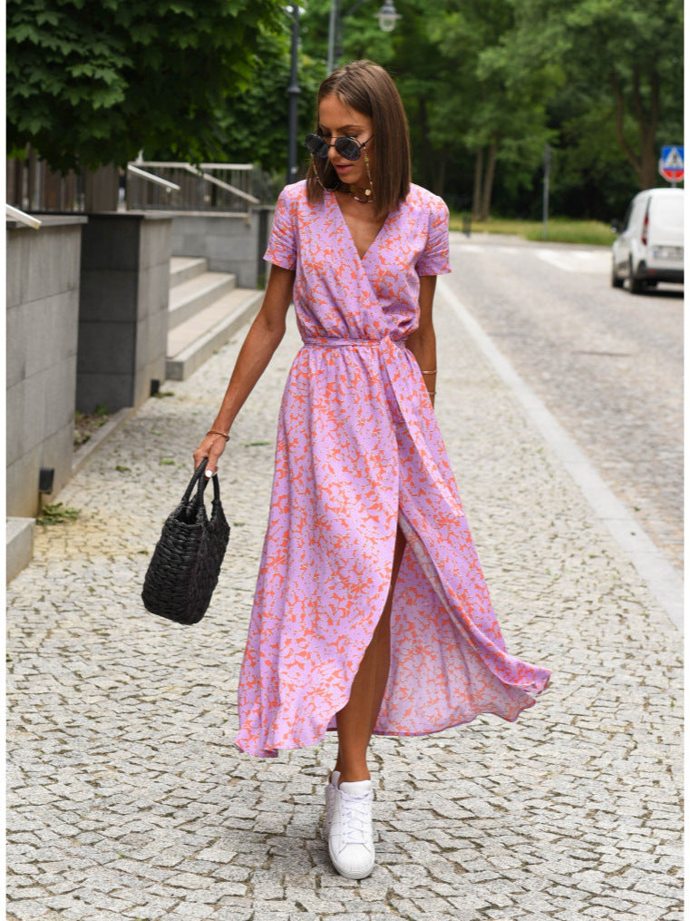 New Women's Printed Split Mid-length Group Dress