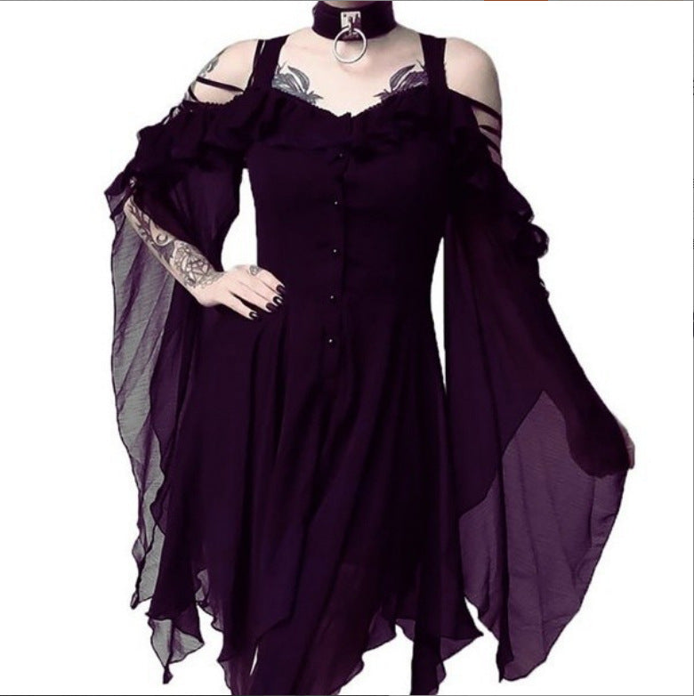 Color Strap Large Swing Sleeve Irregular Dress