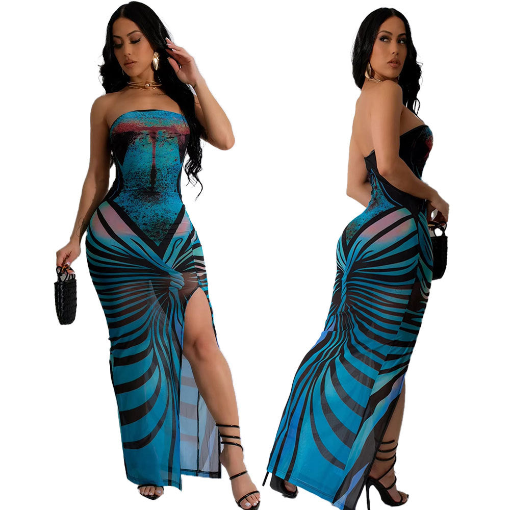 Women's Mesh Floral Print Strapless High Slit Sexy Dress