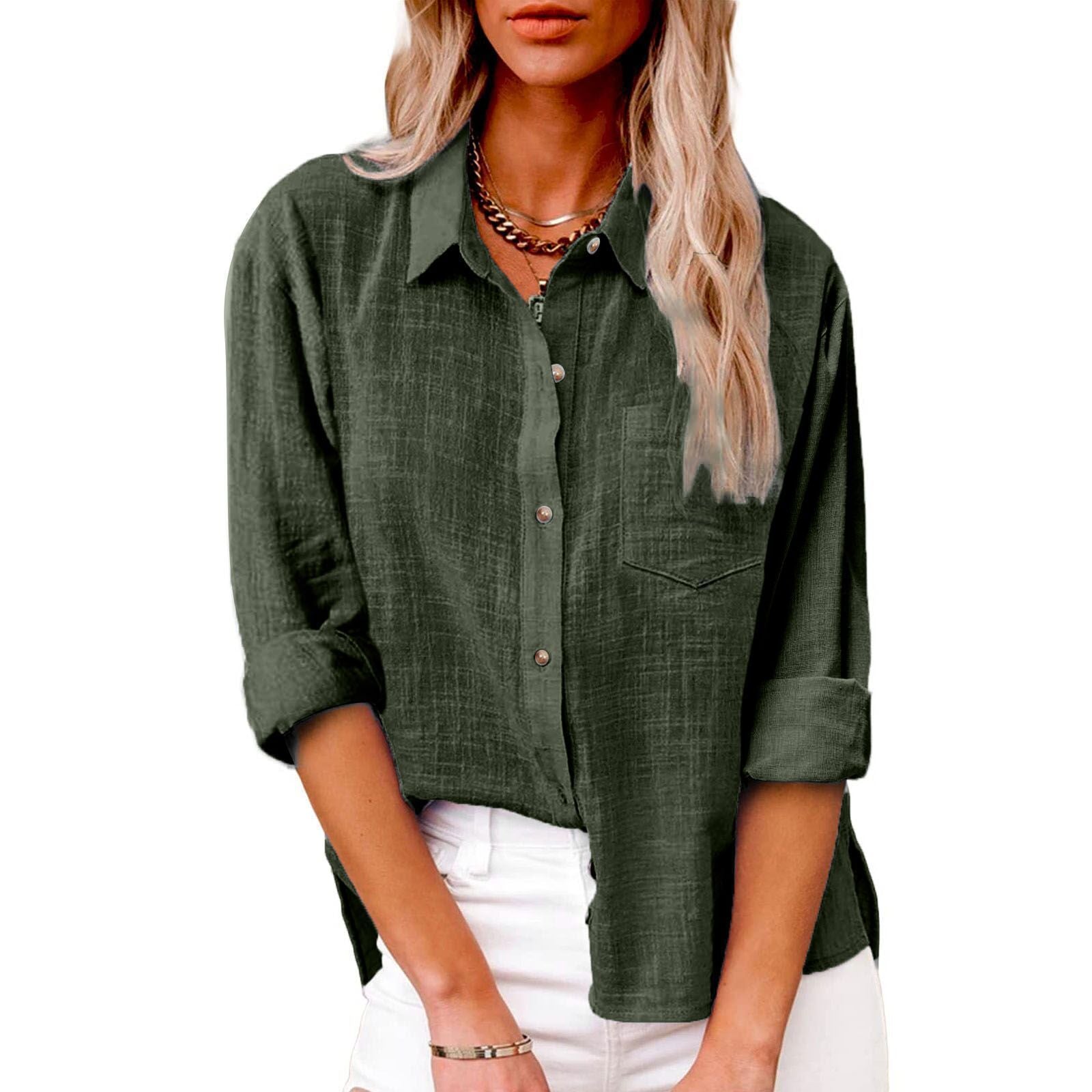 Women's Solid Colored Lapel Button Long-sleeved Cotton Linen Blouse