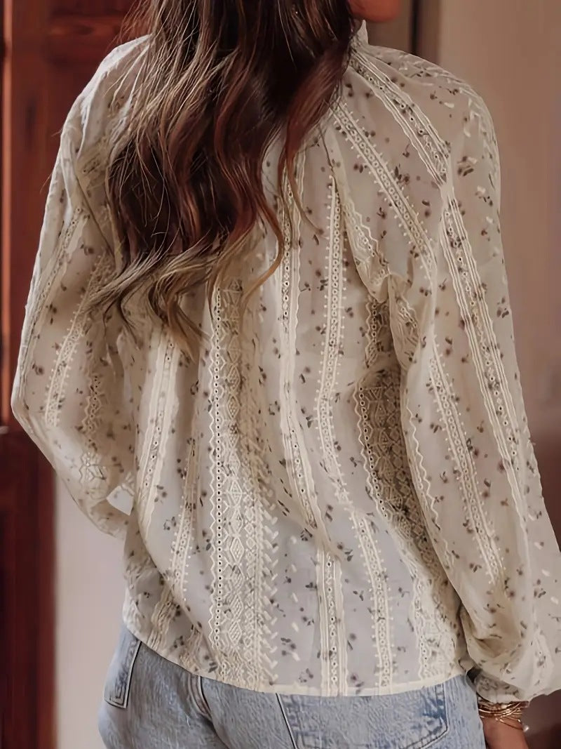 Women's Fashionable Floral Print Lace Stitching Tassel Blouse