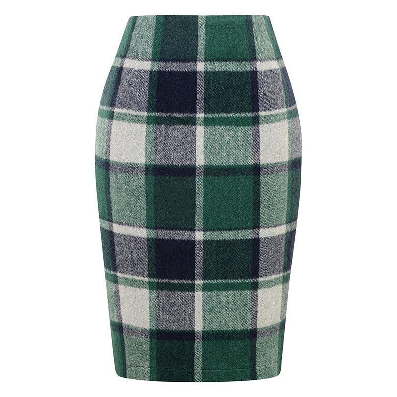 Women's Pencil Tartan High Waist Tight Hip Knee-length Dress