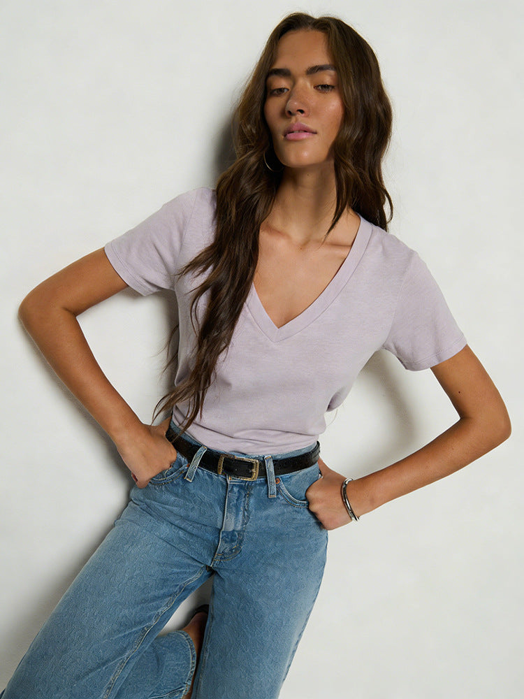 Summer Cotton Knitted Linen Sleeve Simple Women's T-shirt