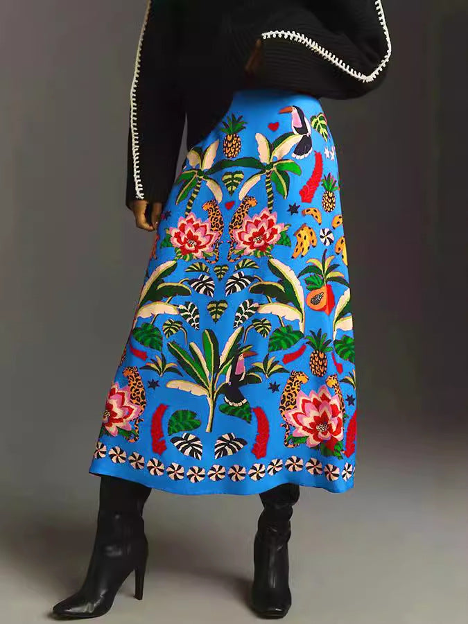 Women's Casual Fashion Tropical Plant Vintage Print Skirt
