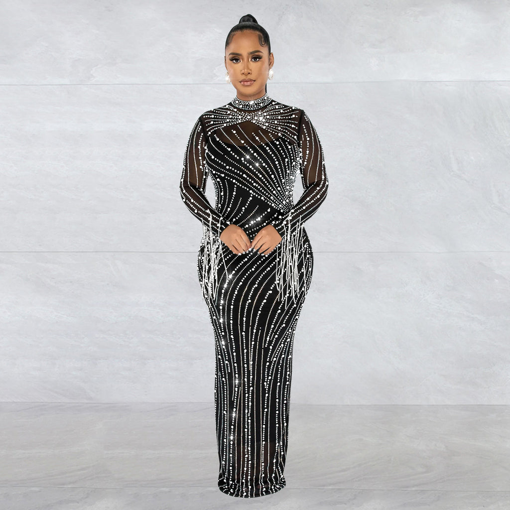 Women's Mesh Hot Drilling Long Sleeve Lining Two-piece Dress