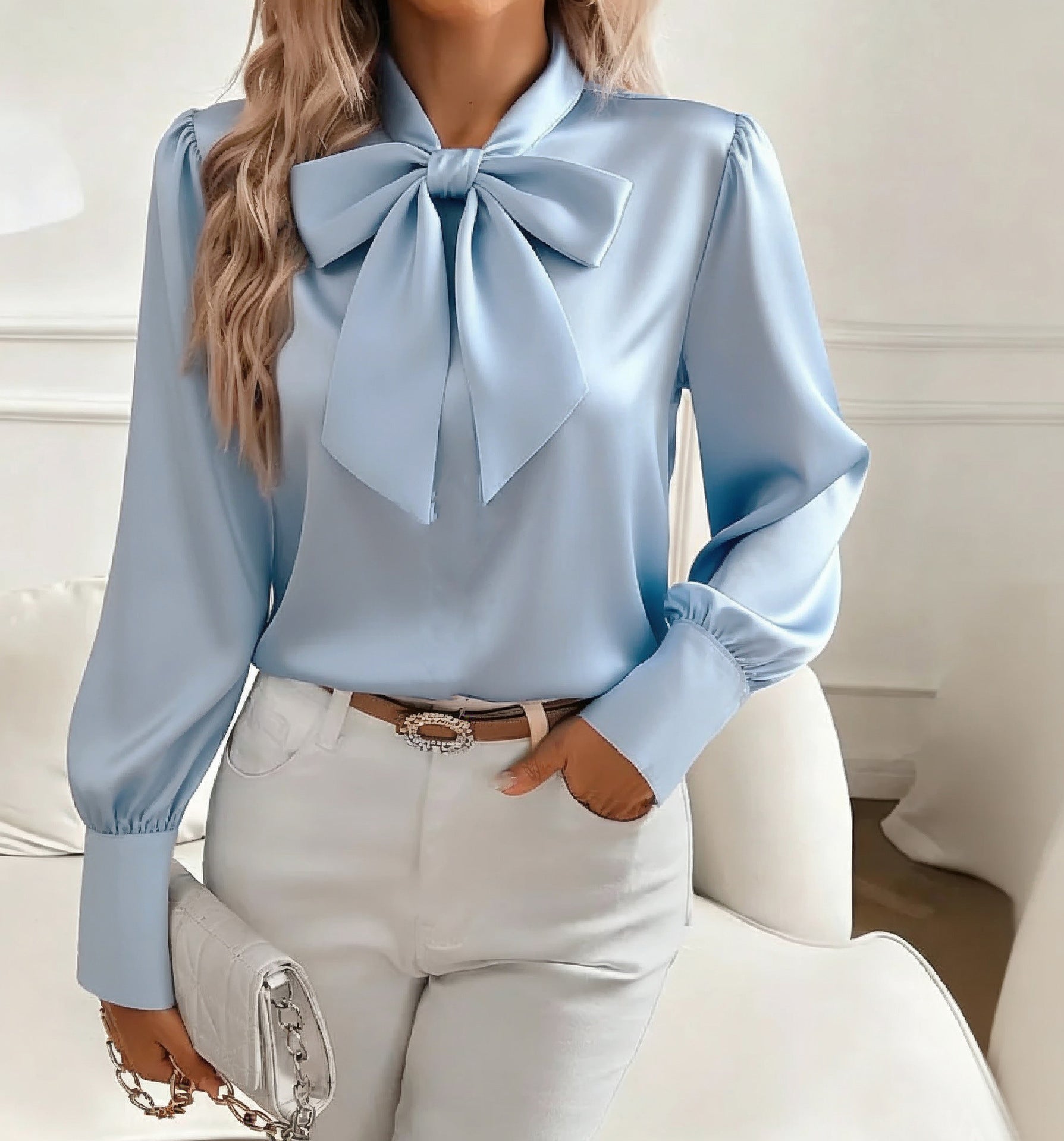 Women's Autumn Long Sleeve Bowknot Satin Shirt Tops