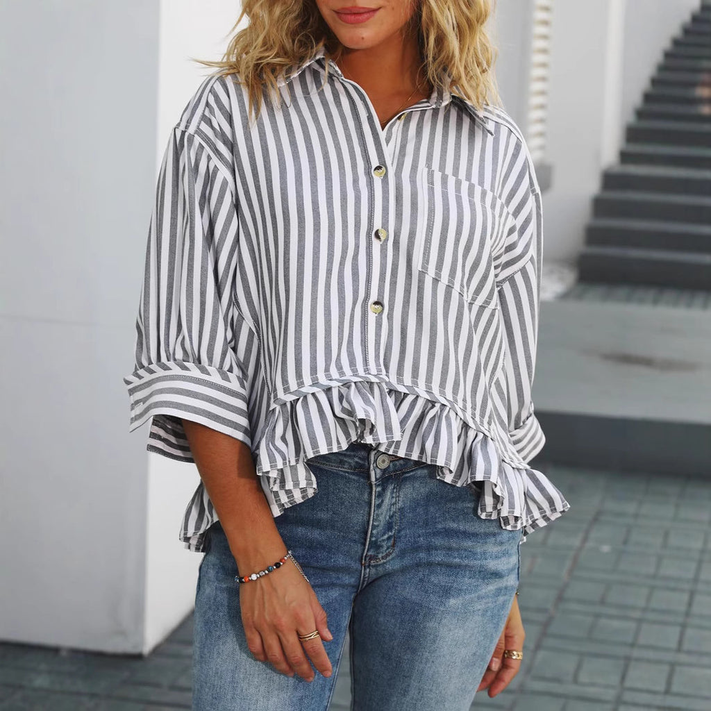 Women's Commuter Striped Lace Hem Loose Shirt Half Blouse