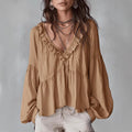 Casual Sweet Wooden Ear Puff Sleeve Pleated Blouse