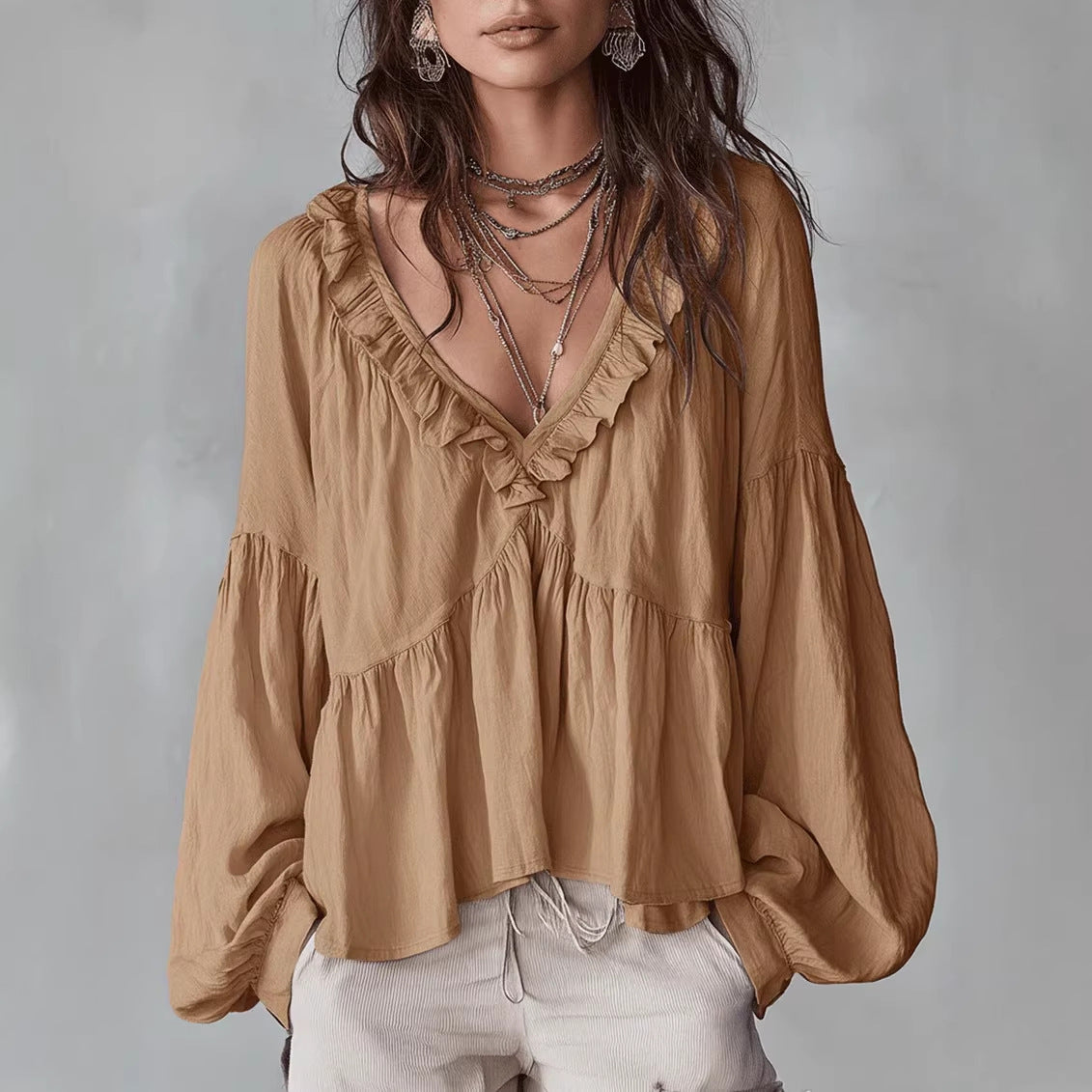 Casual Sweet Wooden Ear Puff Sleeve Pleated Blouse