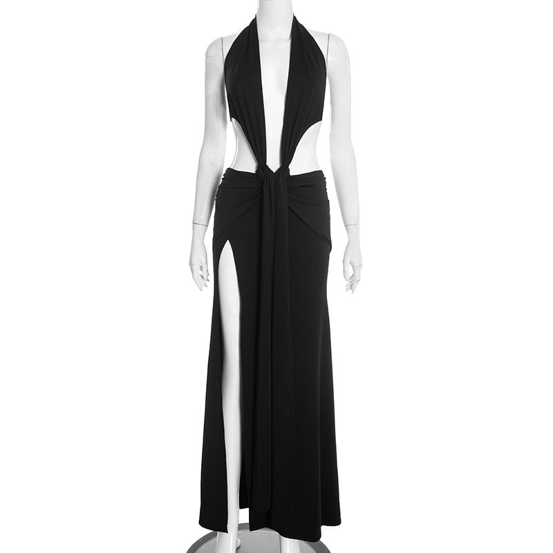 Women's Spring Pure Color Halter Sleeveless Sexy Backless Deep V Ribbon Dress