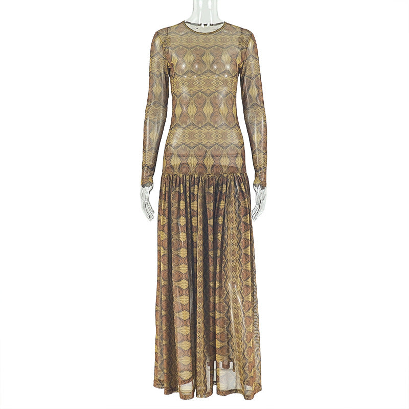 Women's Elegant Retro Waist Slimming A- Line Printed Dress