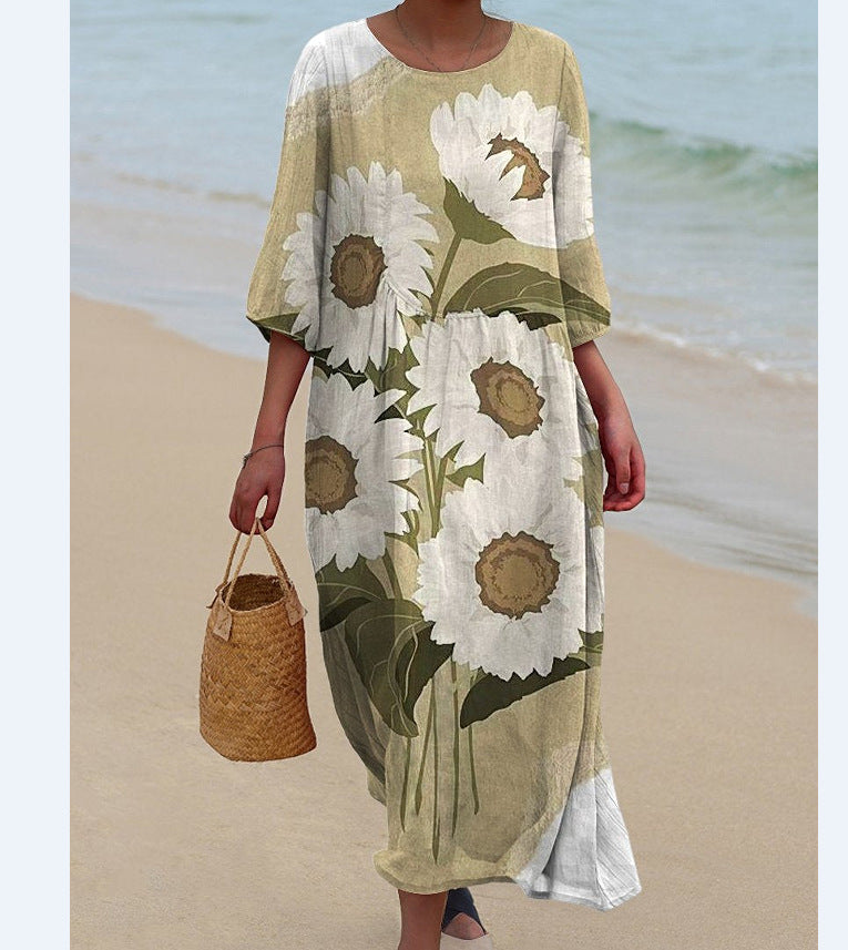 Sleeve Casual Printed Temperament Long Fitted Dress
