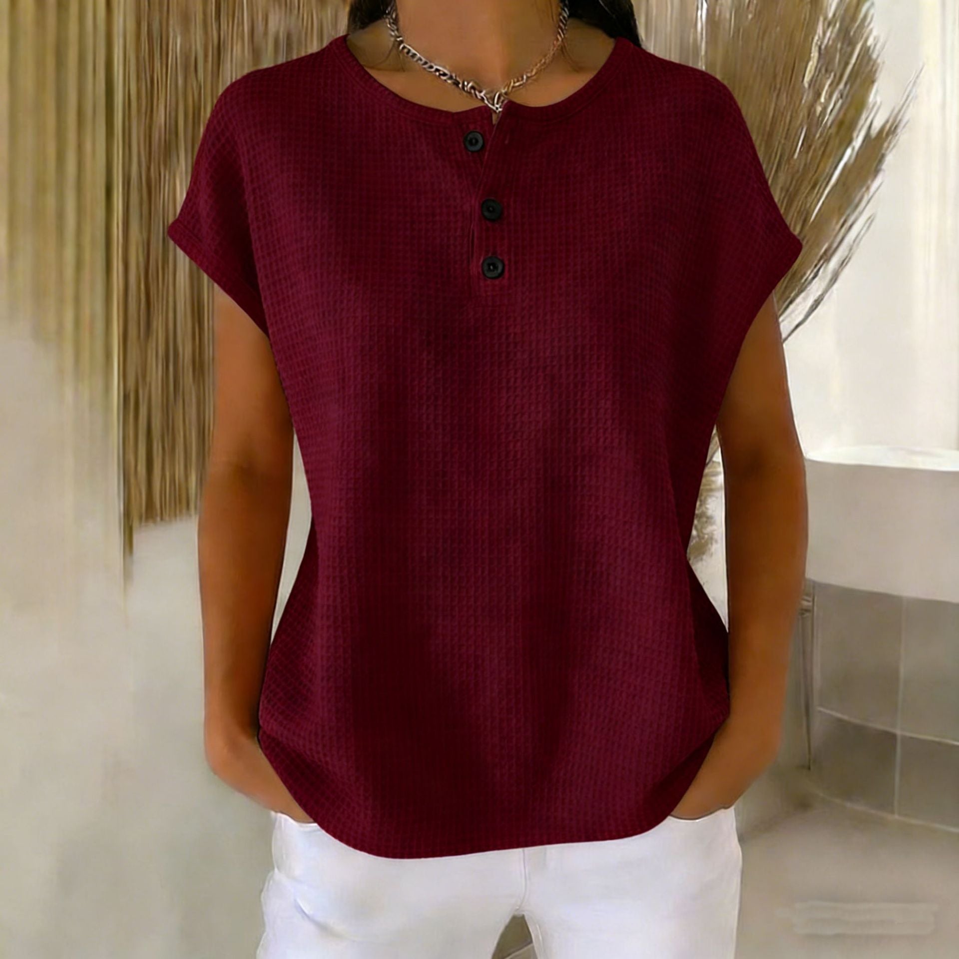 Women's Design Sleeve Summer Half Open Placket Casual Shorts