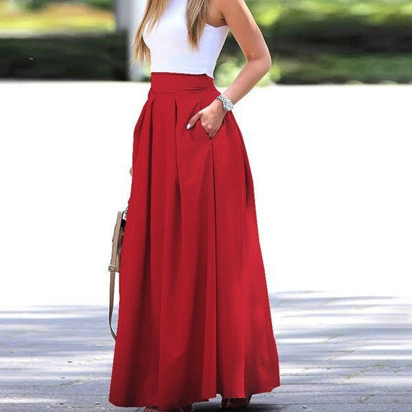 Women's Solid Fashion High Waist Pleated Maxi Skirt