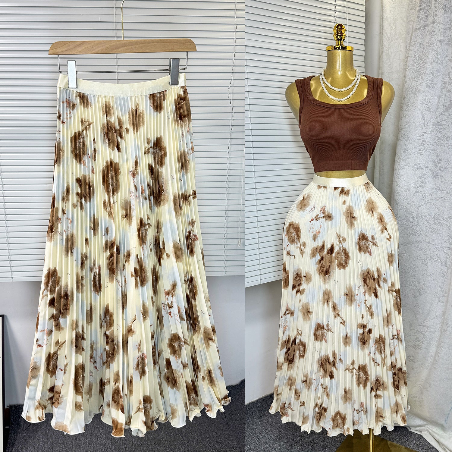 Women's Retro Printed High Waist A- Line Mid-length Pleated Large Hem Skirt