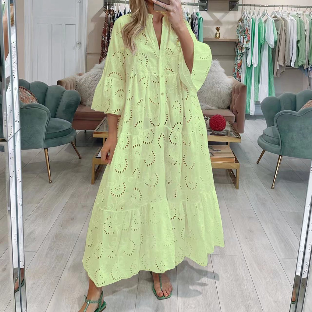 Women's French Style Bell Sleeve Lace Solid Color Sexy Long Dress