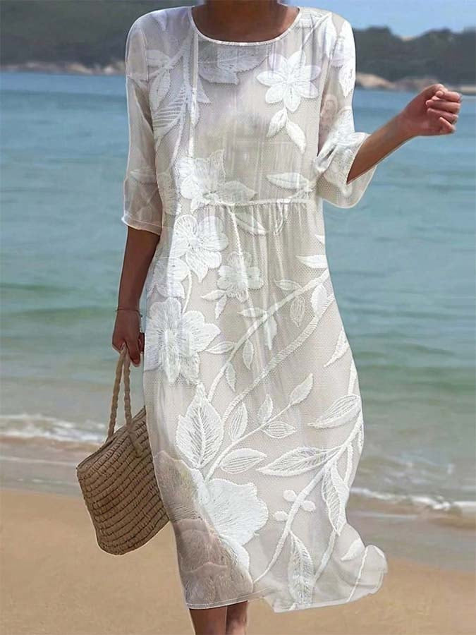 Women's Summer Loose Round Neck Fashion Long-sleeved Dress