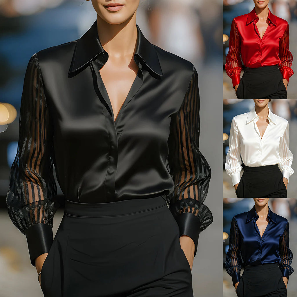 Women's Pure Color Loose Satin Long-sleeved Shirt Blouse