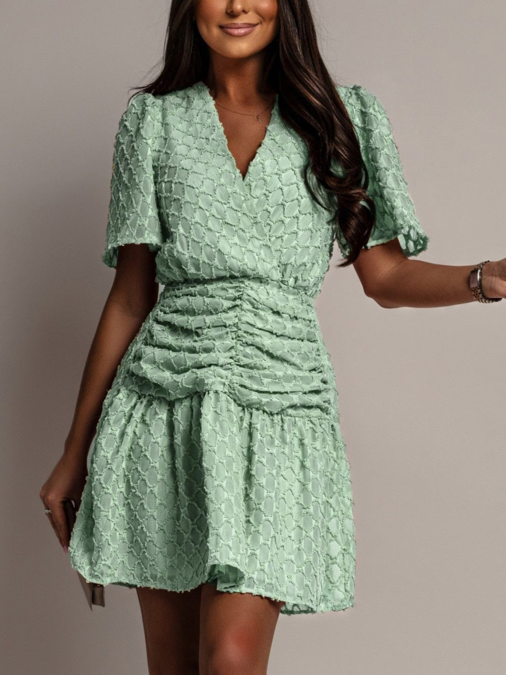 Solid Color Waist Trimming Short-sleeved Plaid Fashion Casual Dress