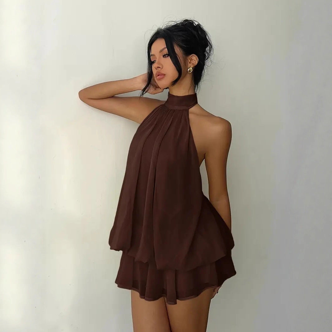 Autumn Chiffon Stitching Halter Sleeveless High Waist A- Dress