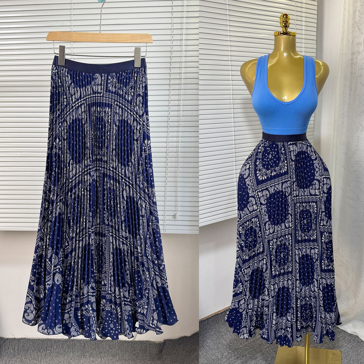 Women's Retro Printed High Waist A- Line Mid-length Pleated Large Hem Skirt