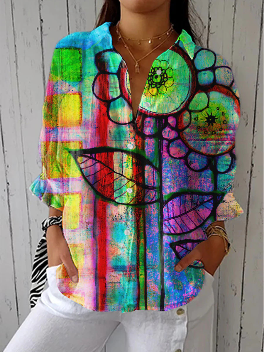 Women's Digital Printing Lapel Long Sleeve Linen Blouse