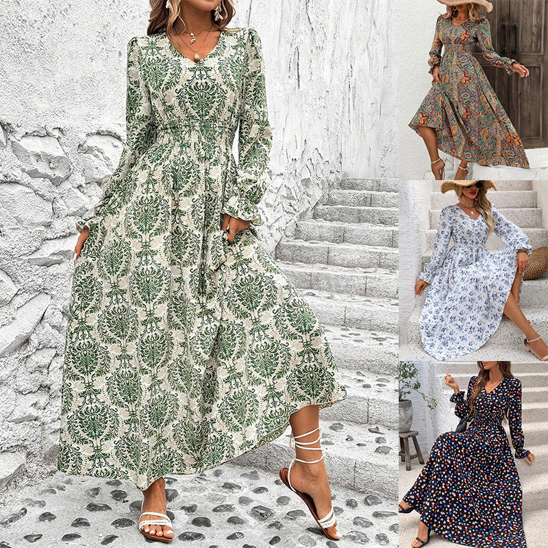 Women's Autumn Printed Long Sleeve Big Hem Dress