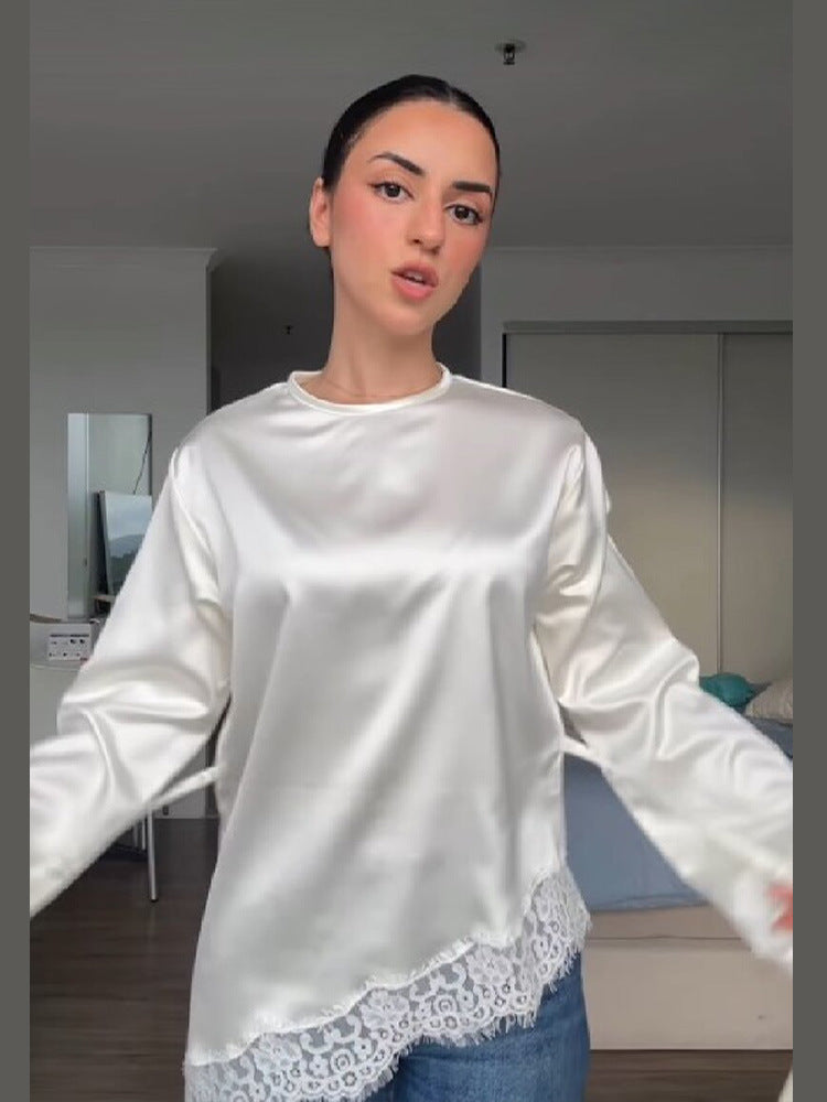 Women's Satin Lace Patchwork Round Neck Long Sleeves Tops