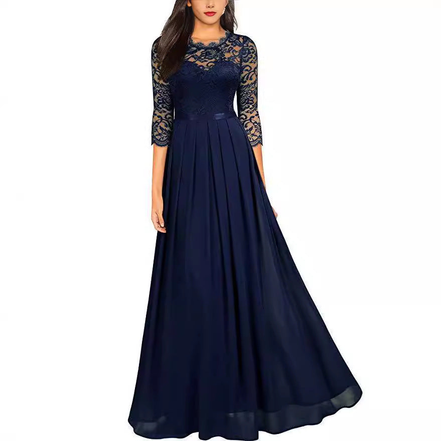 Women's Long Chiffon Round Neck Lace Dress