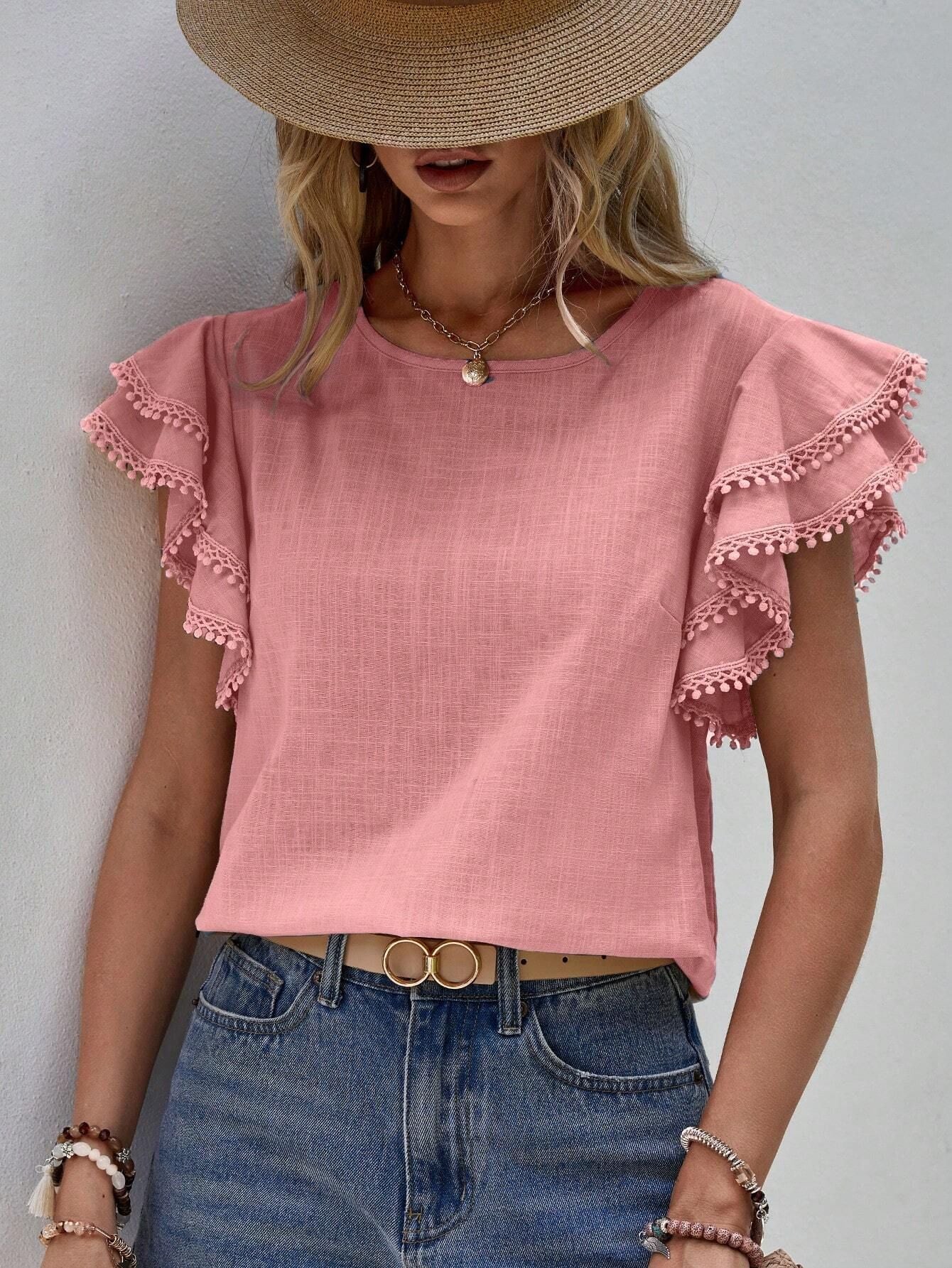 Women's Pleated Sleeves Round Neck Shirt Solid Color Casual Women's T-shirt