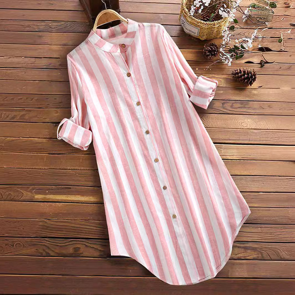 Women's Mid-length Casual Striped Shirt Long Sleeve Plus Size