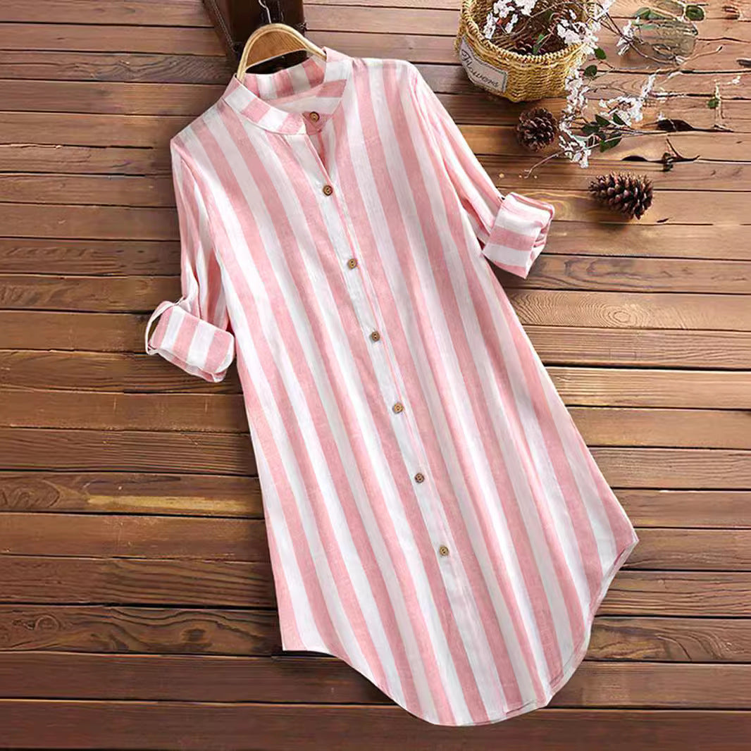 Women's Mid-length Casual Striped Shirt Long Sleeve Plus Size