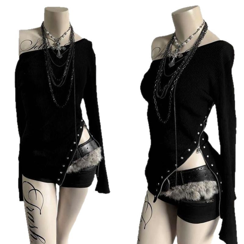 Women's Retro Rivet Design Side Slit Niche Personality Casual Hot Women's T-shirt