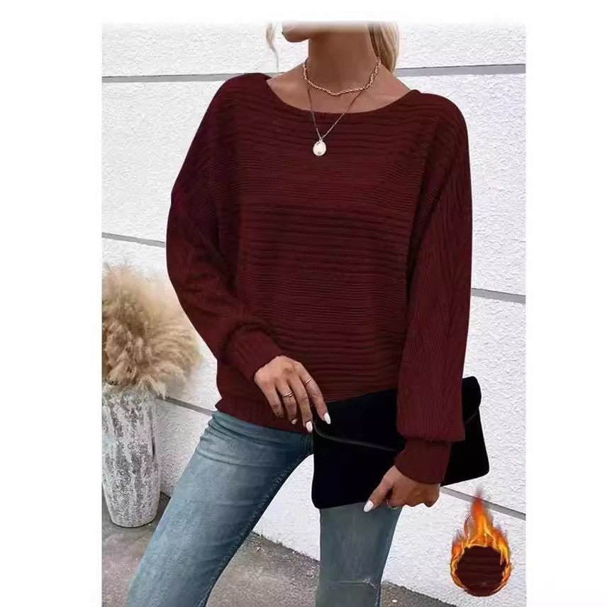 Women's Solid Color Striped Round Neck Splicing Pullover Women's Sweater