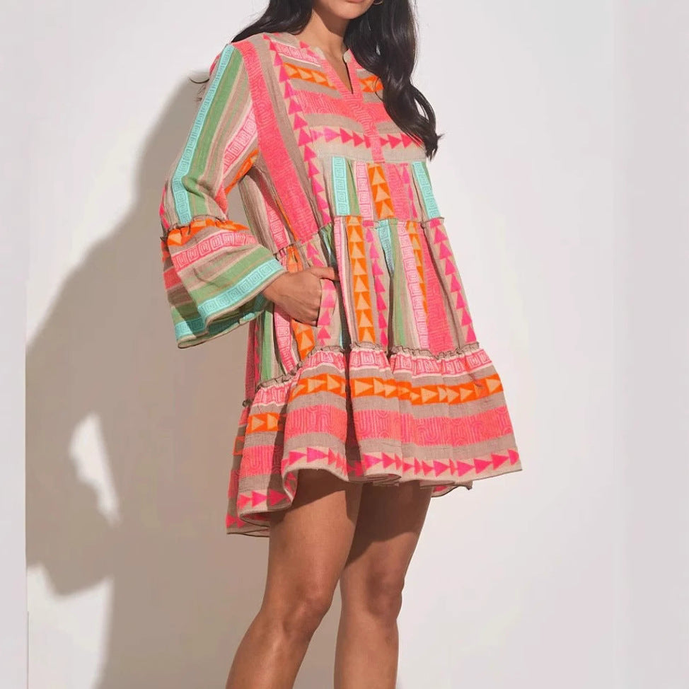 Slouchy Fashion Printing Stand-up Collar Sleeve Dress