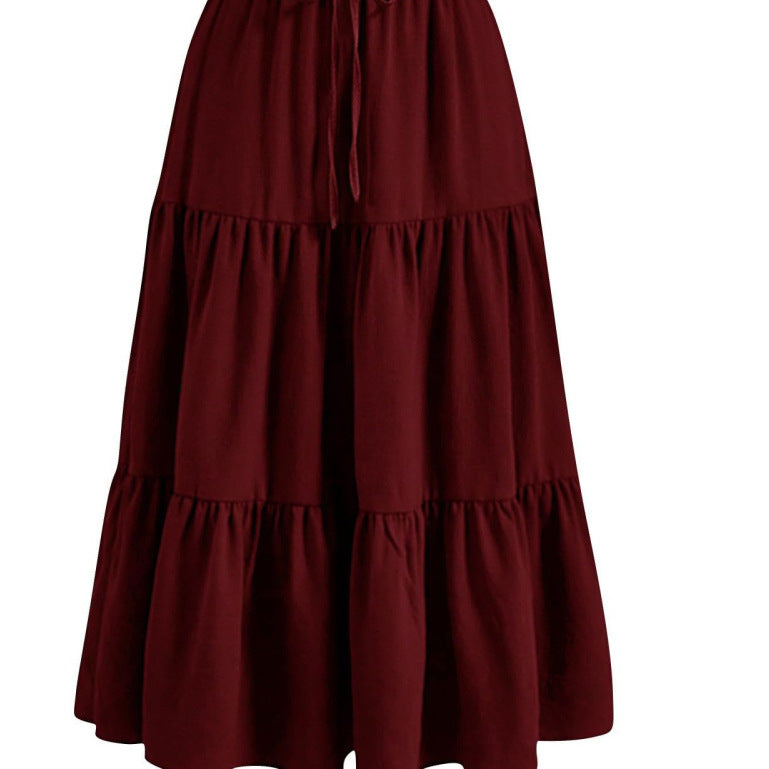 Solid Color Stitching Ruffle Elastic Pocket Skirts