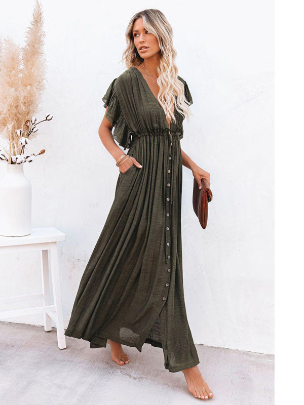 Cover-up Slubbed Fabric Waist Strap Long Sun Protection Dress