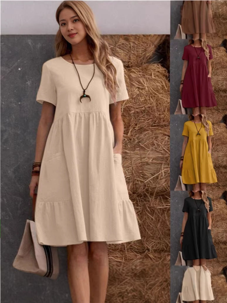 Women's Loose Pockets Solid Color Round Neck Cotton Dress