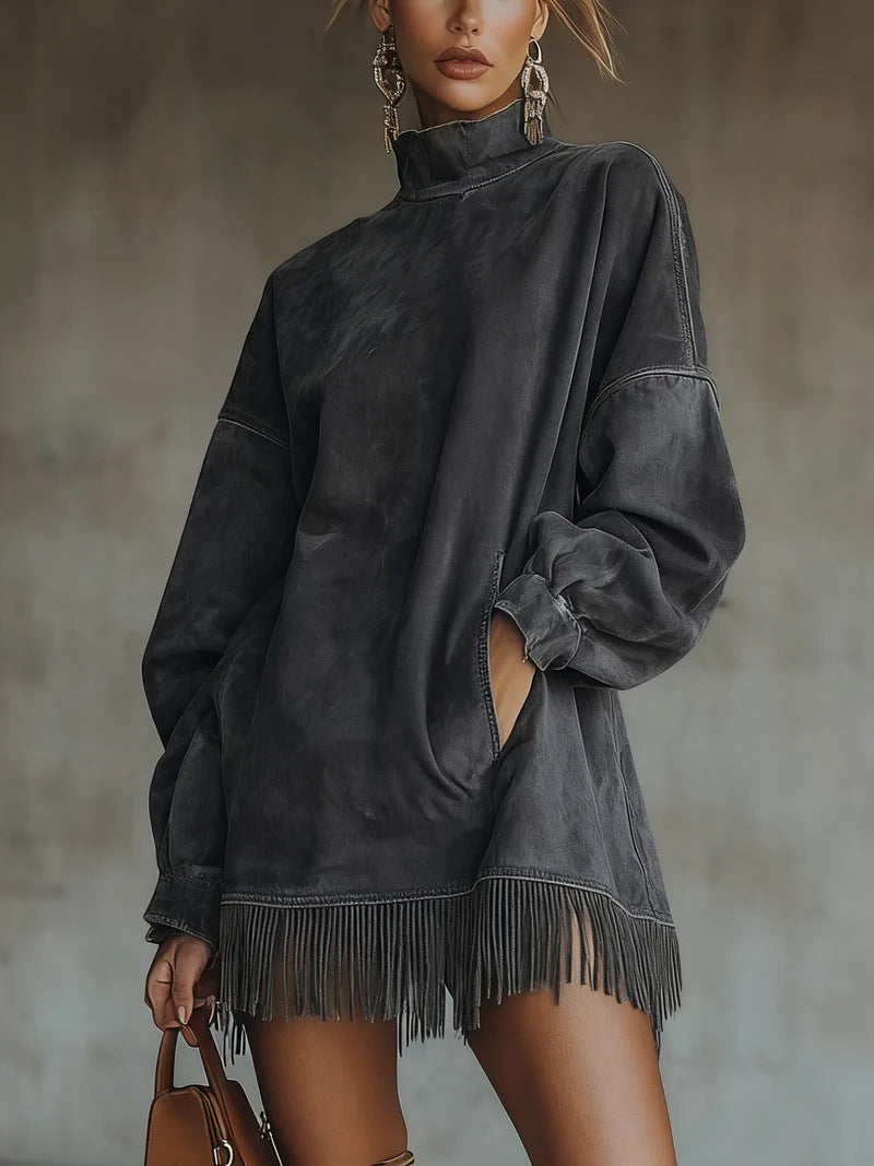 Turtleneck Suede Vintage Loose Pockets Tassel Long Dress